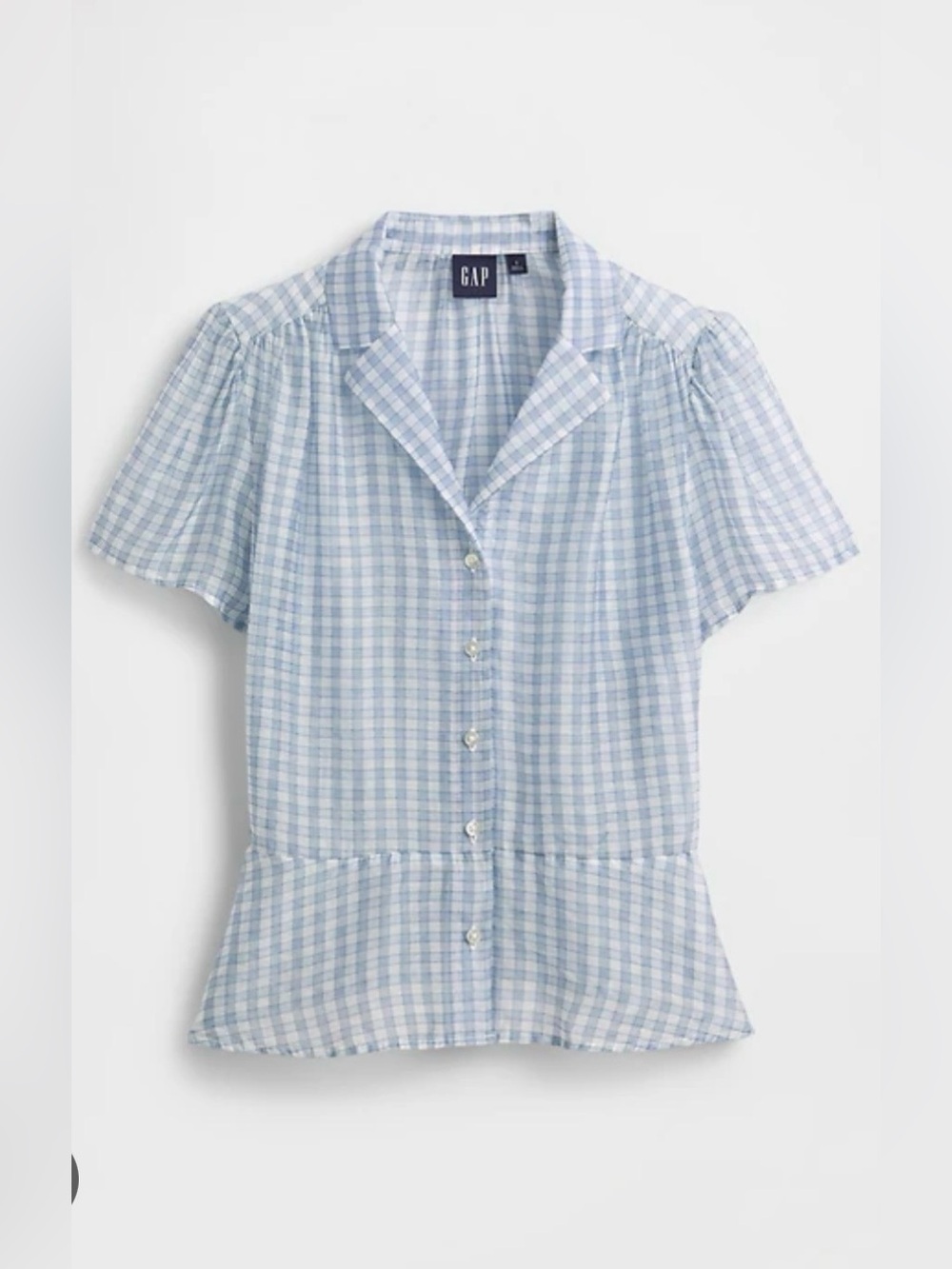 GAP sheer peplum button-front top, blue and white check, size L, NWT - Picture 2 of 9